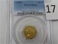 1910 $2.50 Indian Head Gold Coin, Graded MS 61