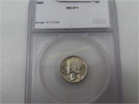 1943 Silver Mercury Dime, Graded MS 67