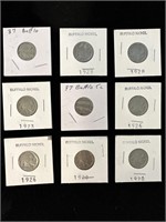Vintage lot of (9) different Buffalo Nickels
