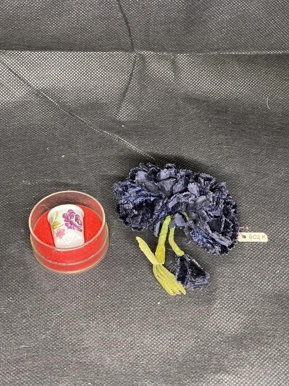 Deep Blue Silk Flower Brooch & Antique Thimble