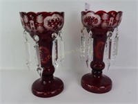 Pr Vintage Bohemian Ruby to Clear Etched Lusters