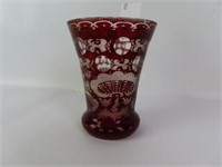 Bohemian Ruby to Clear Etched Glass Vase-4.5" T
