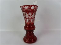 Vintage Bohemian Ruby to Clear Etched Glass Vase