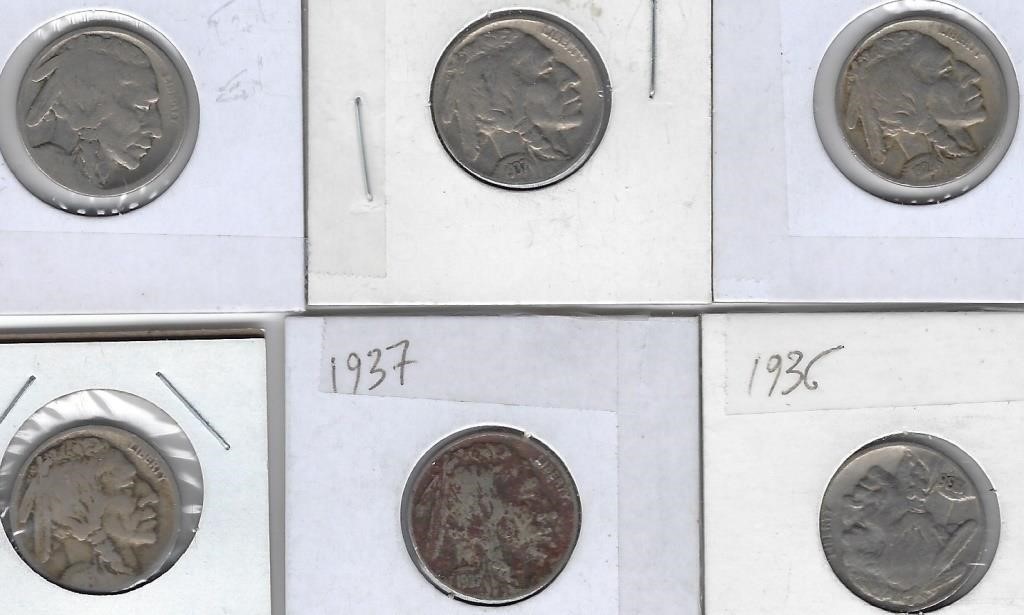 USA Nickels Indian head BUFFALO 1930s x6 Coins.M2B