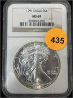 1991 Silver Eagle Ms69 Ngc 999 Silver