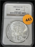 1988  Silver Eagle Ms69 Ngc 999 Silver