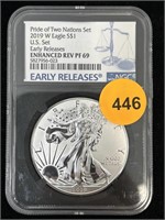 2019 W  Silver Eagle Ms69 Ngc 999 Silver Enhanced