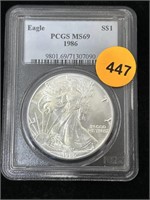 1986  Silver Eagle Ms69 Pcgs 999 Silver