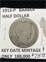 1913 P Silver Barber Half Dollar Key Date