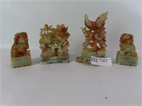 4 Pcs of Soapstone, Pr of Foo Dogs, Rooster &