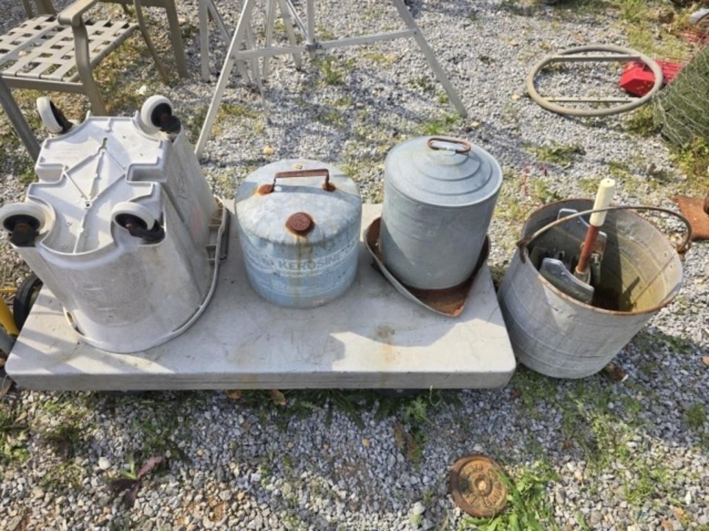 Estate lot of mopping items and a gas can