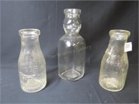 3 Vintage Embossed Milk Bottles- 7.25" - 9.5" T