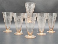 (6) Vintage Etched Pink Depression Glass Tumblers