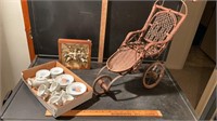 VINTAGE TOY WICKER STROLLER, TEA SET AND WALL