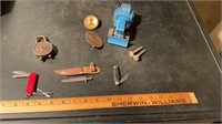VINTAGE MILLE PADLOCK, KNIVES, TOY TRACTOR ETC