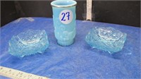 3 PC BLUE OPALESCENT GLASSWARE