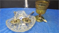 CUT GLASS DISH, AMBER GOBLET, SPOON CANDLEHOLDERS