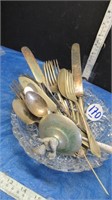 MISC SILVERPLATE CUTLERY IN CRYSTAL DISH