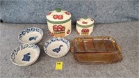 Kitchen Canisters, Bowls, Carnival Glass Tray