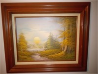 Oil on Canvas Signed Forest Bridge Over Stream
