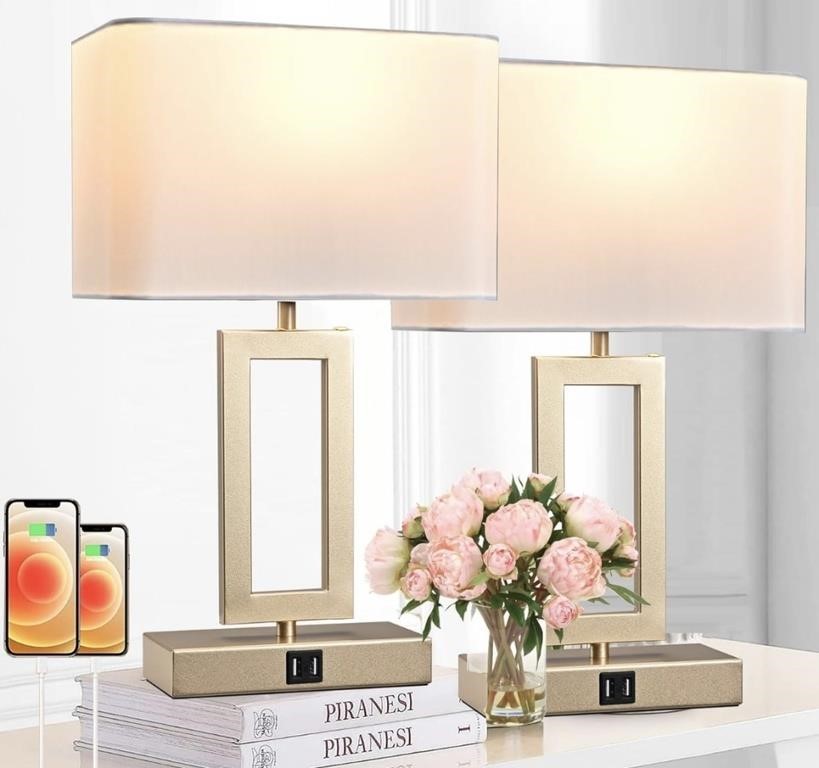 Gold and white Set of 2 Table Lamps with Dual USB