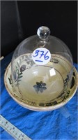 HANDPAINTED POTTERY BOWL & GLASS CHEESE DOME