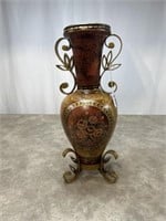 Floral decorative vase with metal handles and