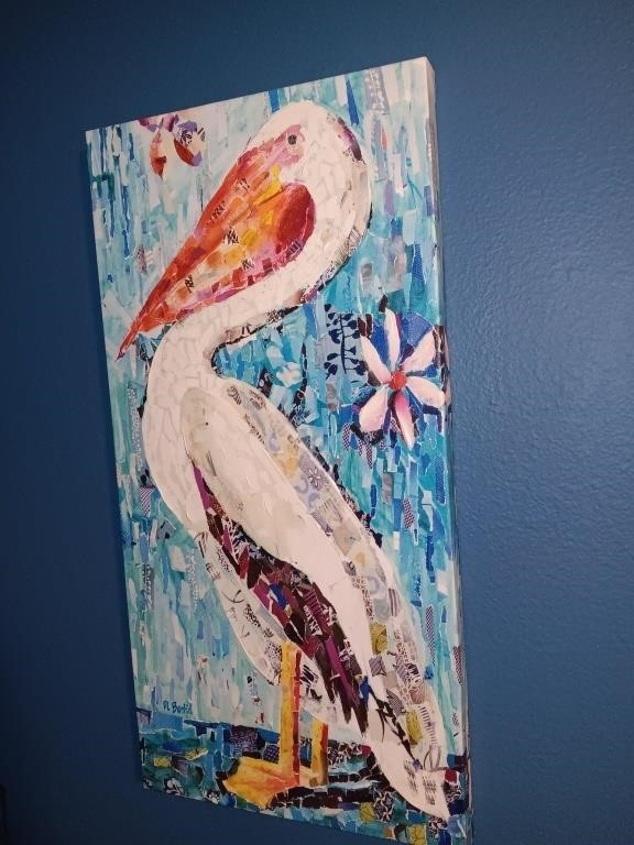canvas painting pelican signed Bantid 16" x 32"
