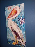 Painting canvas pelican signed Bantid 16" x 32"