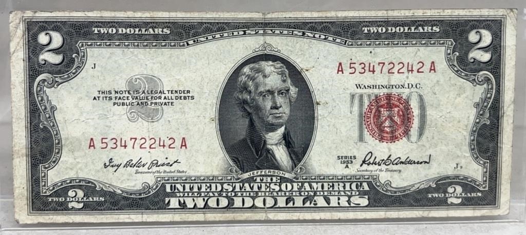1953 a red seal two dollar bill