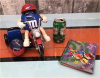 Blue M&M candy dispenser & notebook