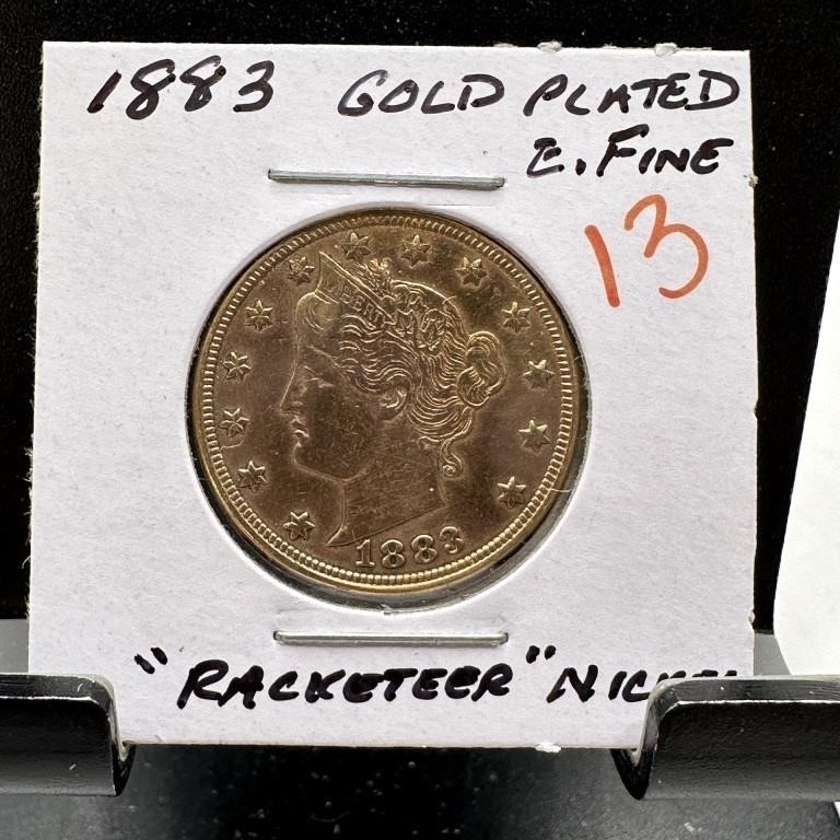 1884 LIBERTY V NICKEL RACKATEER NICKEL GOLD PLATED