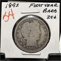 1892 BARBER SILVER QUARTER 1ST YEAR