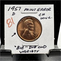 1957-D WHEAT PENNY CENT "BIE" VARIETY DIE CUD
