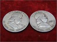 1951 & 1953 Silver Franklin half dollar US Coins.