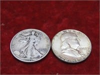 1942 & 1963 Silver Franklin half dollar US Coins.
