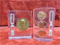 (2)Lucite coin & Kennedy egg timers.