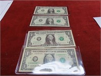 (4)$1 Star note Banknotes. US Currency.