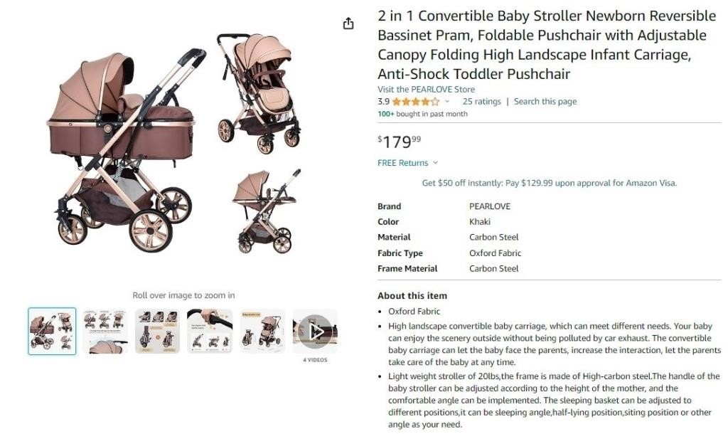 E7141 2 in 1 Convertible Baby Stroller Khaki