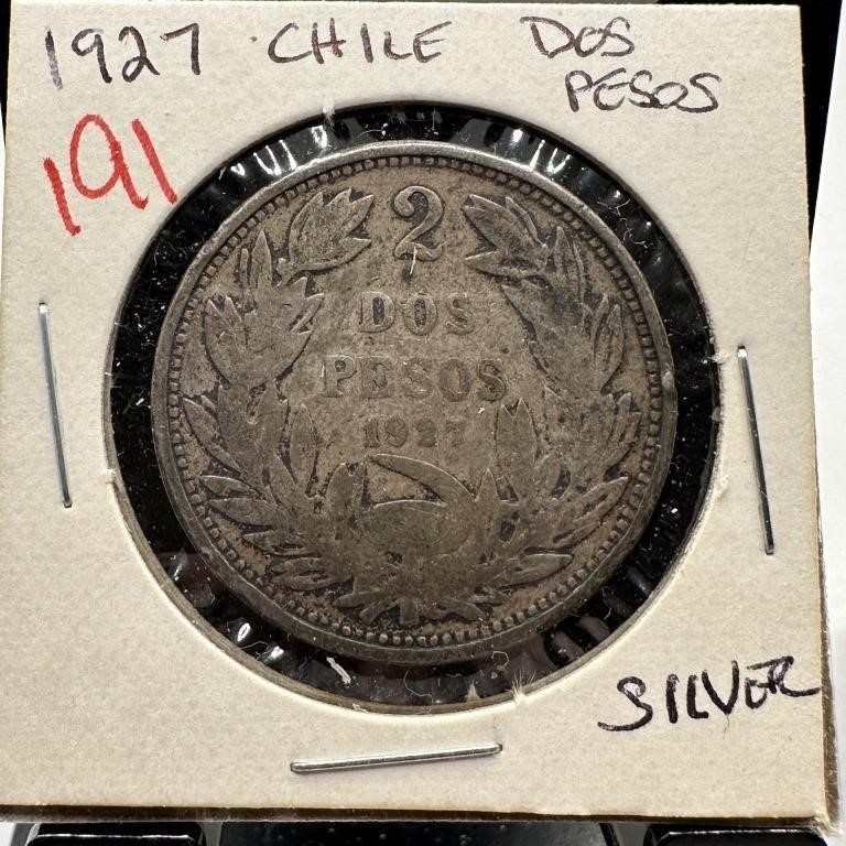 1927 CHILE 2 DOS PESOS SILVER COIN