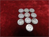 (10)90% silver Mercury dimes US coins.