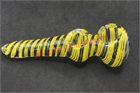 Glass pipe with two bowls yellow and blue stripes