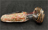 Glass pipe orange and black swirls on bowl and