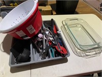 Kitchen Lot 2 pyrex and utensils