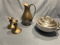 Pewter pitcher and candle sticks