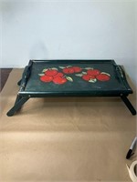 WOODEN SERVING TRAY WITH CHERRIES LEGS FOLD UP
