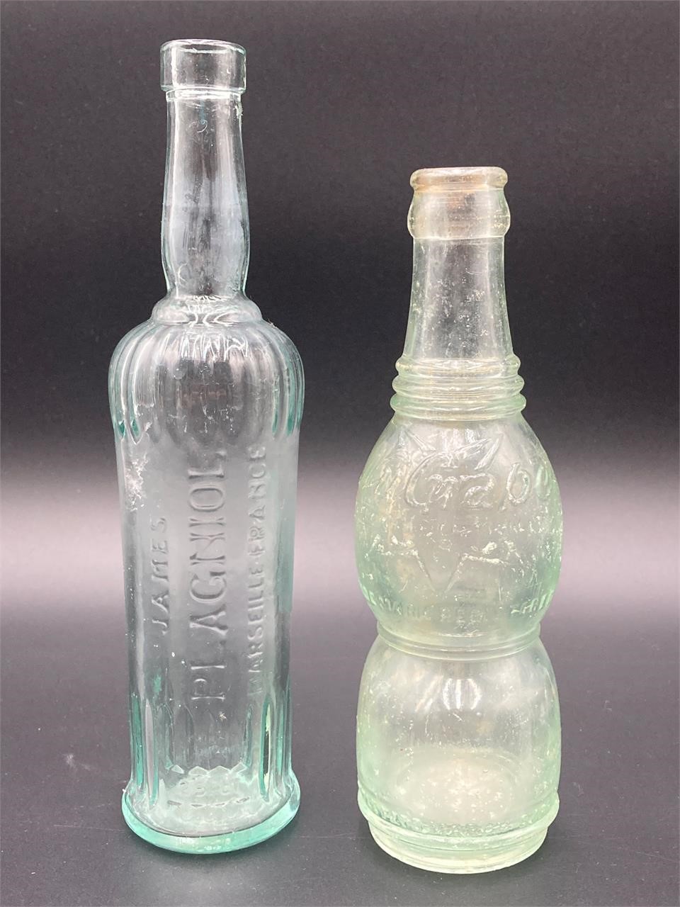 Pair Of Vintage Glass Olive Oil & Soda Bottles