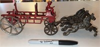 Cast Iron Fire Wagon, Horses, Rider