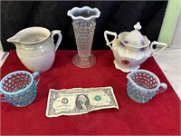 *BLUE HOBNAIL CREAMER & SUGAR, & MOONSTONE VASE