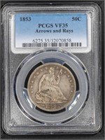 1853 50C Liberty Seated Arrows & Rays  PCGS VF35